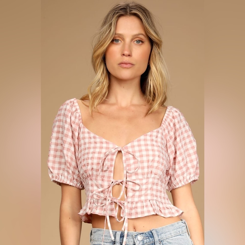 Lulu’s Pick A Posy Pink Gingham Tie-Front Puff Sleeve Top sz XS